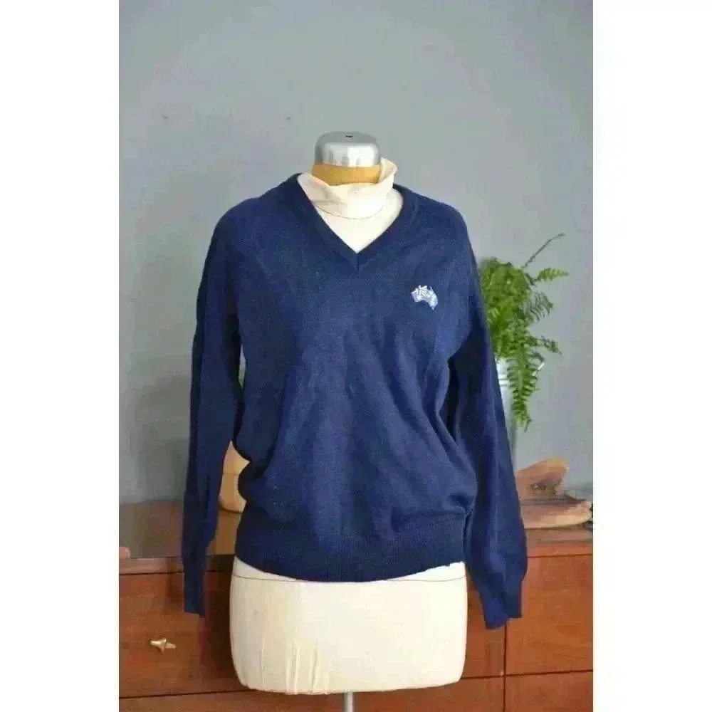 Tamar Pure Wool Australia Women's Medium‎ V Neck Sweater Navy Blue vintage 70s